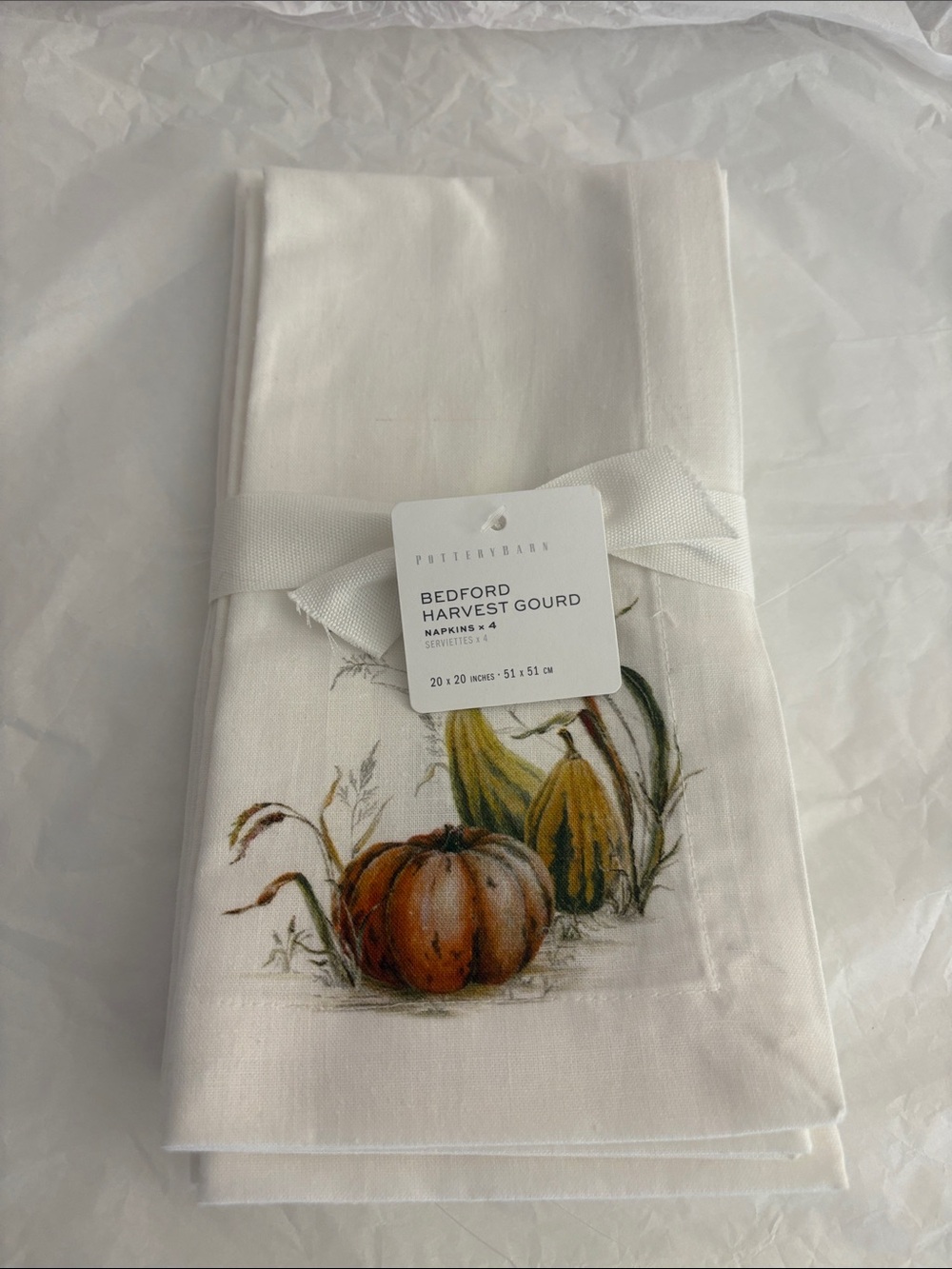Pottery Barn White Napkins with Orange and Green Gourd Print